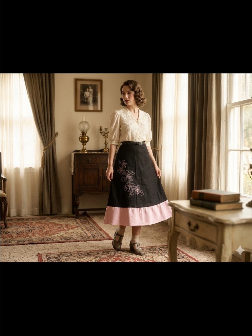 Joe's Jeans Black A-Line Midi Skirt with Pink Hem and Floral Embroidery